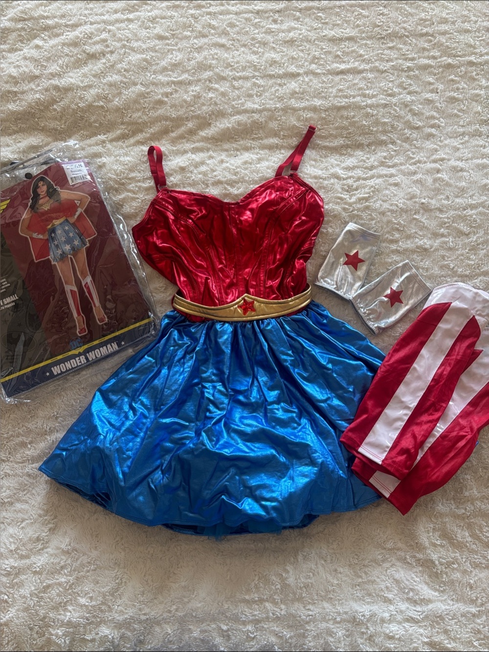 DC Wonder Woman Shiny Red and Blue Costume Dress with Gold Belt and Stars